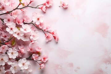 Cherry blossoms over blush backdrop, symbolizing spring's delicate dance. Copy space