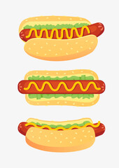 vector set of hot dog, fast food, hot dog bun, lettuce leaves, tomato, cucumber, onion, pepper slices, mustard and ketchup.