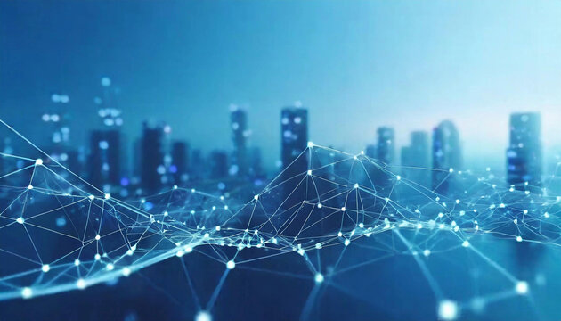 Step into the future of IoT: A smart city emerges, featuring abstract dots, gradient lines, and intricate wave designs. This image encapsulates the connection between big data, AI, and modern building