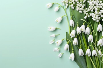 Fresh snowdrops and lily of the valley on a mint background, whisper the arrival of spring. Copy space