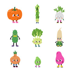 Cute cartoon vegetables set, part 4. Funny colorful characters.