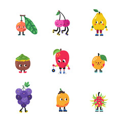 Cute cartoon fruits set, part 2. Funny colorful characters.