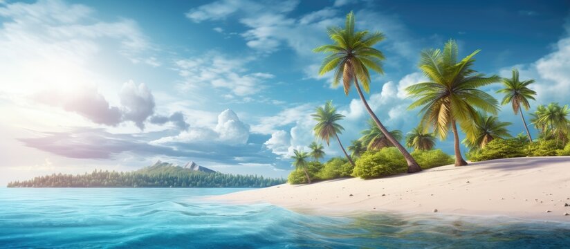 A stunning natural landscape with palm trees swaying in the gentle breeze on a tropical beach, with a small island visible in the background under a clear blue sky filled with fluffy white clouds
