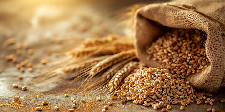 Golden wheat ears and wheat grain in a sack, on natural copy space background. Concept: natural, organic ingredients for bakery, baking bread, and bio flour. 