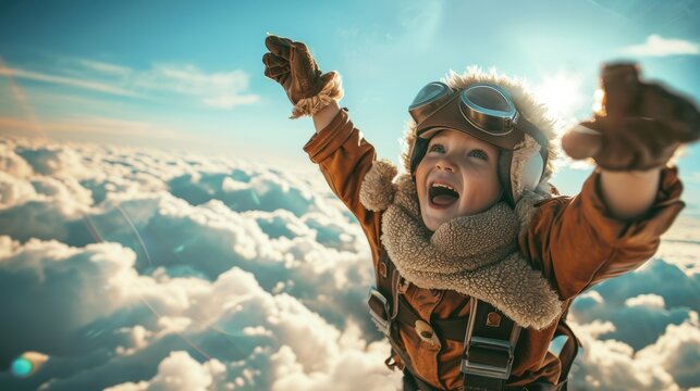 The side view of the picture that has the child flying into the bright sky with the aviator costume and the pair of goggles under the bright light of the bright sun with the happy smile face. AIGX03.