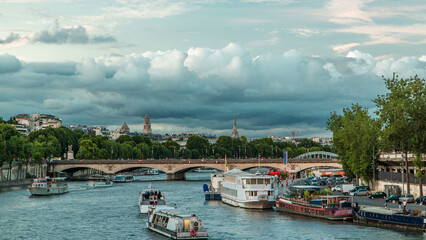 View on the bridge of Jena day to night timelapse, which connects the Champ de Mars gardens and the Trocadero. Paris, France - obrazy, fototapety, plakaty