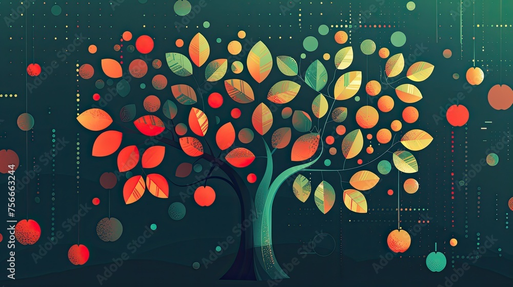 Poster Tree of knowledge with leaves shaped like data graphs, representing the fruits of analysis.