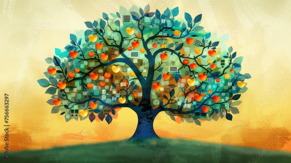 Poster Tree of knowledge with leaves shaped like data graphs, representing the fruits of analysis.