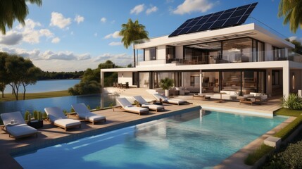 Fototapeta premium Modern house with solar panels installed on the roof for energy efficiency and sustainability