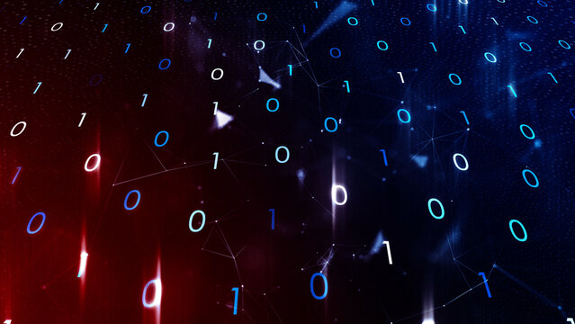 Abstract red blue glowing binary data cyberspace illustration background.