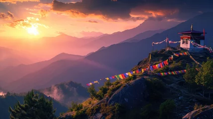 Photo sur Plexiglas Himalaya Sunrise illuminates a Himalayan temple and vibrant prayer flags, with the majestic snow-capped mountains creating a breathtaking backdrop. A tranquil monastery high in the mountains. Resplendent.