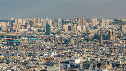 Panorama of Paris aerial timelapse, France. Top view from Montmartre viewpoint.