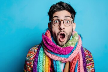 Man Wearing Multicolored Scarf Making Surprised Face - obrazy, fototapety, plakaty