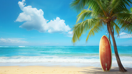 A surfboard sits on a stunning palm tree-lined beach next to the azure waters of the ocean