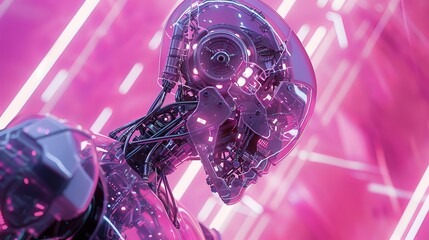 A futuristic robot stands tall against a vivid pink backdrop, exuding an aura of mystery and sophistication