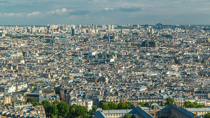 Panorama of Paris aerial timelapse, France. Top view from Montmartre viewpoint.