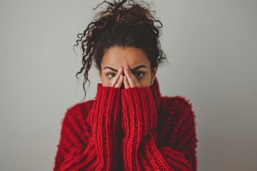 Woman in Red Sweater Covers Face With Hands