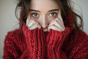 Woman in Red Sweater Covers Face With Hands