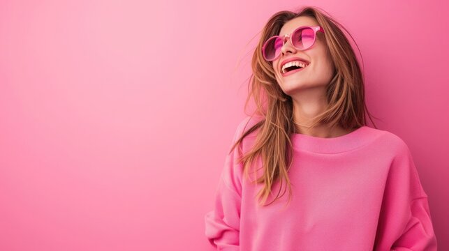 A joyous young woman wearing pink sunglasses and a matching sweater against a vibrant pink background, laughing heartily.