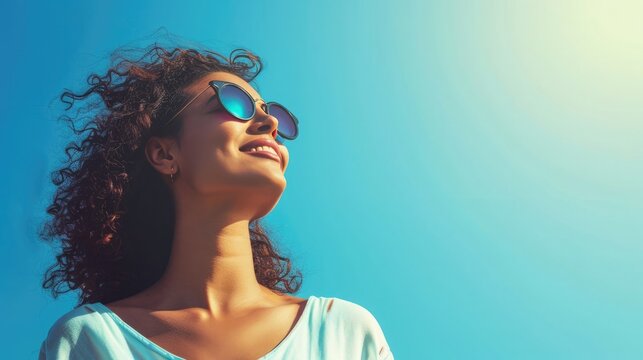 A joyful woman with curly hair wearing sunglasses looks upwards with a smile, against a clear blue sky, emanating happiness and positivity