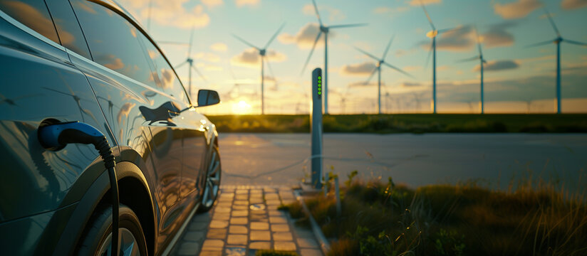 Electric car recharging powered by energy produced from wind turbines, sunset wind turbines