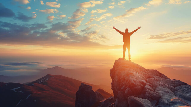 Silhouette of a person on the top of mountain.
Success, Personal growth concept.