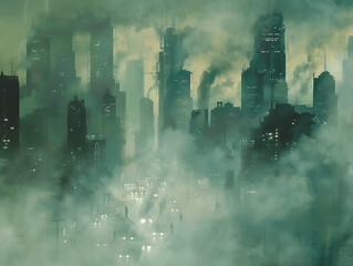 A cityscape with a foggy atmosphere and a lot of smoke