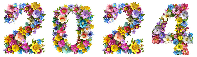number 2024 font made with flowers on transparent background cut-out - generative ai