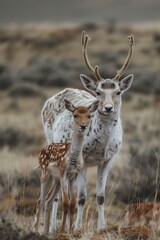 Fototapeta premium Deer Couple Standing in Dry Grass Field