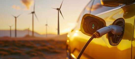 Electric car recharging powered by energy produced from wind turbines, sunset wind turbines