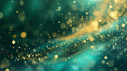 An abstract background showcases a captivating fusion of blue and green tones, adorned with shimmering gold particles, delicately accentuated by highlights and soft blurs.
