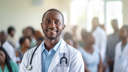 
In the hospital emergency room, an African doctor can be seen wearing a stethoscope, exuding a warm and friendly smile