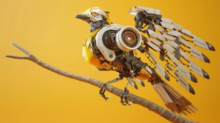 A bird sculpture made of metal parts perched on a tree branch