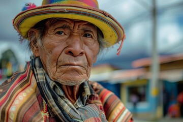 Elderly Man Wearing Colorful Blanket and Hat - obrazy, fototapety, plakaty