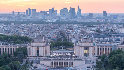 Fototapeta na wymiar Aerial view over Trocadero day to night timelapse with the Palais de Chaillot seen from the Eiffel Tower in Paris, France.