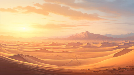 A serene desert landscape at dawn, with dunes stretching as far as the eye can see, bathed in the soft hues of the rising sun.