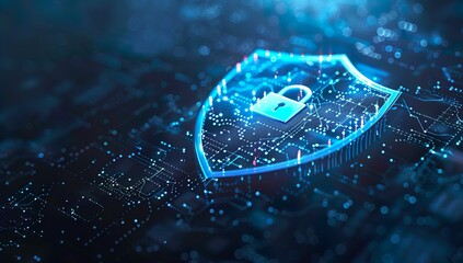 A blue shield with a digital padlock and circuit board pattern, symbolizing the protection of data in cloud security. The background is dark to emphasize the cyber theme. There is an array of small wh