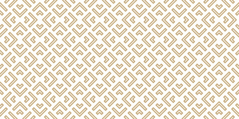 Subtle golden geometric lines vector seamless pattern. Elegant texture with triangles, squares, chevron, arrows, lines. Abstract white and gold linear graphic background. Luxury minimal geo ornament
