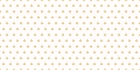 Golden vector geometric texture with small diamond shapes, feathers, simple flower silhouettes. Abstract floral seamless pattern. Minimalist gold and white background. Elegant repeating geo design - 756666850