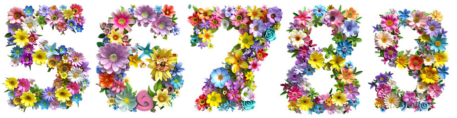 number 5, 6, 7, 8, 9 font made with flowers on transparent background cut-out - generative ai