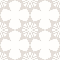 Subtle vector abstract geometric seamless pattern. Simple ethnic texture with ornamental grid, big flower shapes, stars, repeat tiles. Ethnic folk motif.   Beige and white background. Repeated design