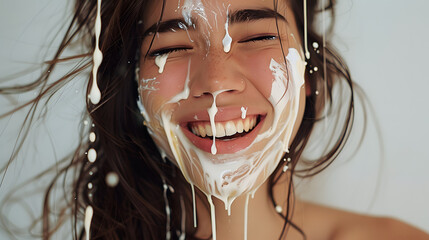 photo, norwegian brunette woman white painting dripping down her hair and face, close up, happy and winking