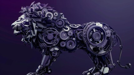 A robot dog constructed from gears stands on a vibrant purple background