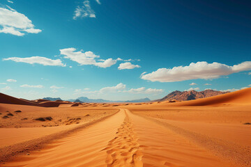 Fototapeta na wymiar A sunlit road through a golden desert, with sand dunes on either side and a cloudless blue sky above, stretching to the horizon.