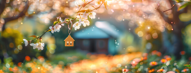 A key ring with a house shape hangs on a blooming branch, embodying home dreams. Keychain suggests new beginnings amidst spring blossoms. Real estate, moving home or renting property concept - obrazy, fototapety, plakaty