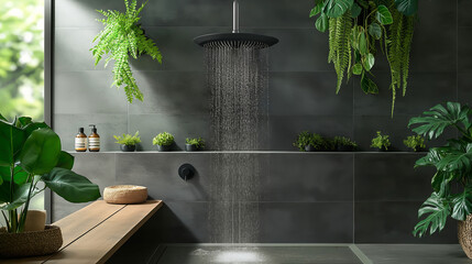 Luxury eco-friendly shower featuring ceiling-mounted rain shower head in modern bathroom with lush greenery - obrazy, fototapety, plakaty
