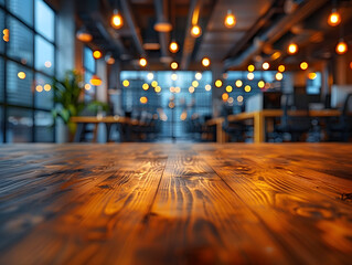 Warmly lit interior of modern restaurant, wooden tables, and bokeh lights. Hospitality and fine dining concept for interior design