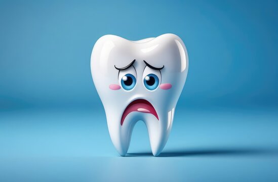 pediatric dentistry, stomatology. sad cartoon character of white tooth on colorful background