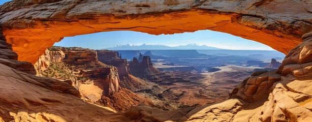 The Milan arch in Utah with a view of the valley floor at Canyonlands National Park. The arch has a scenic view of the landscape in the style of an artist - obrazy, fototapety, plakaty