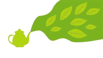 Green tea pot with steam of aromatic  matcha, mate, oolong, green tea leaves. Flat vector illustration. Matcha tea green background concept.	
